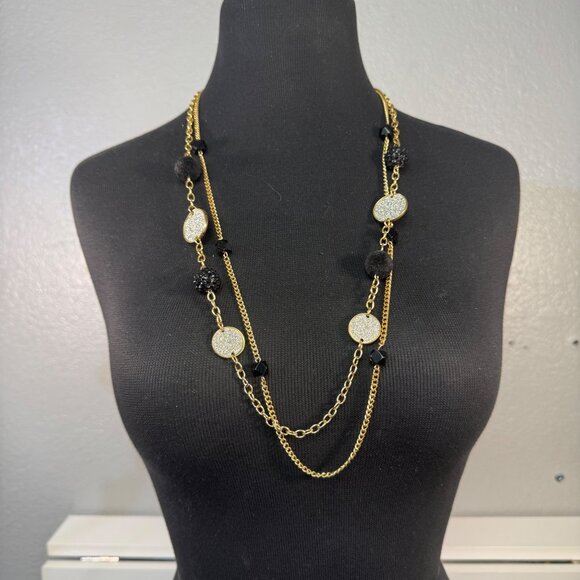 Gold-Tone Multi-Strand Necklace With Black Beads & Glittery Discs Statement Jewe - Picture 1 of 3